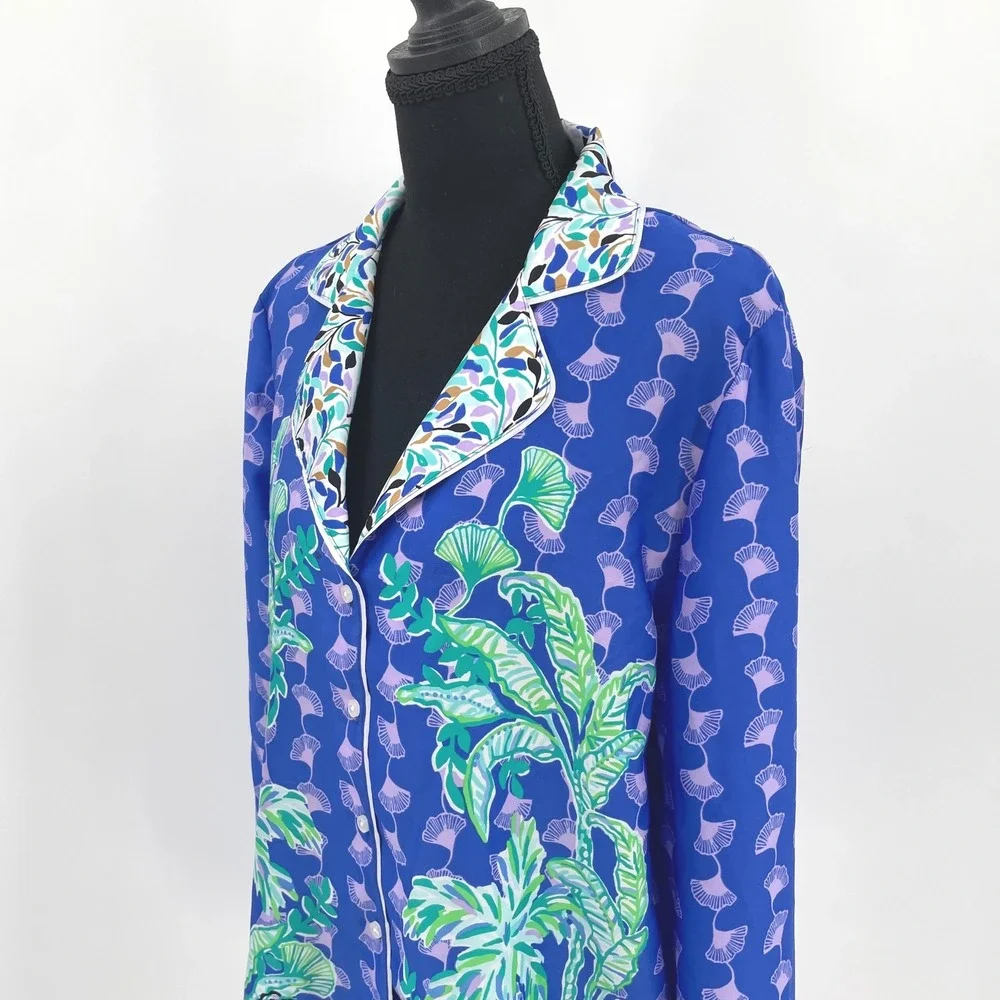 Lilly Pulitzer Winona PJ Top M Ginkgo Party Blue Purple Silky Satin Pajama Shirt